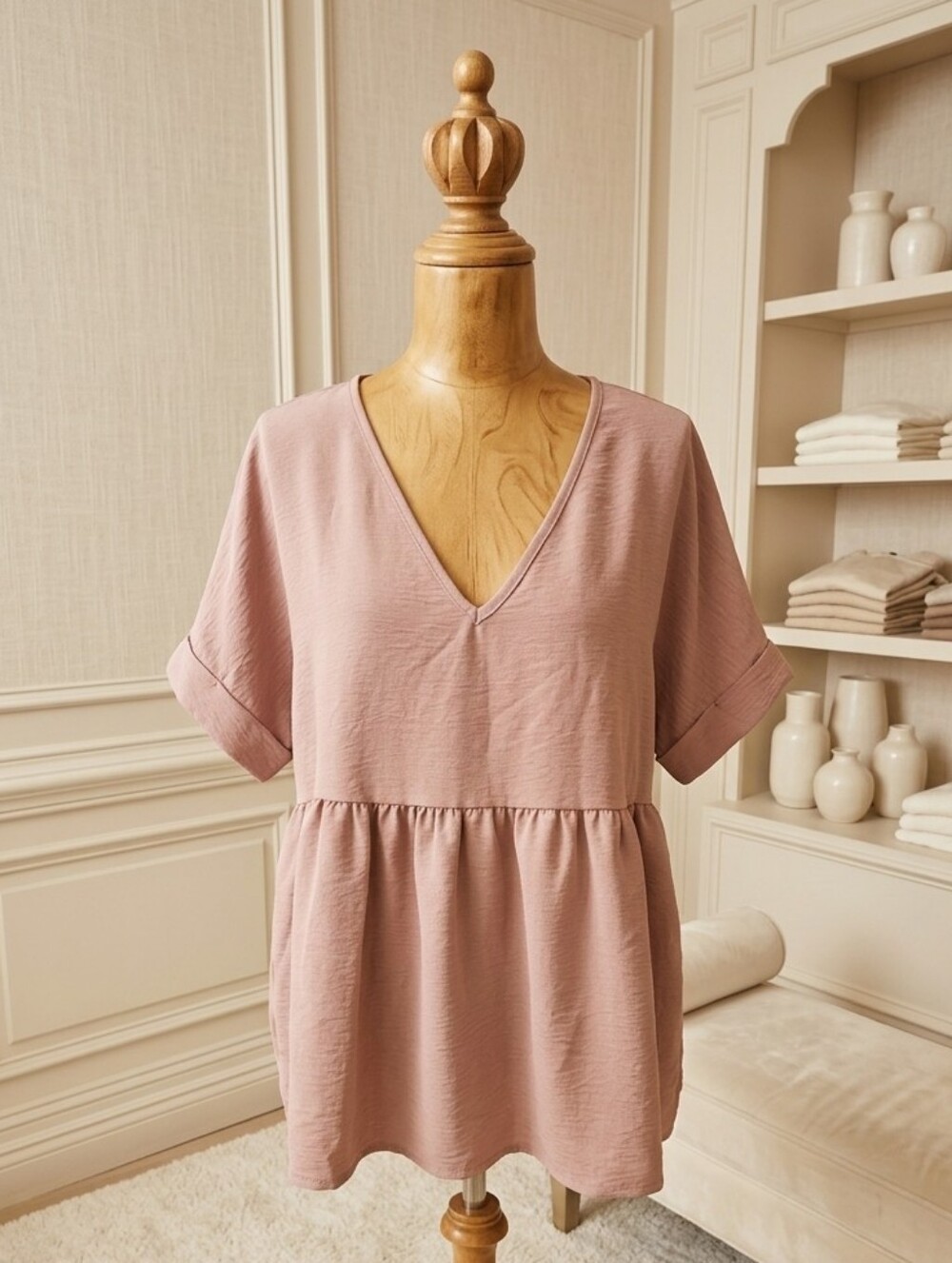 Entro Light Plum Crinkle Babydoll Blouse V-Neck Size Medium